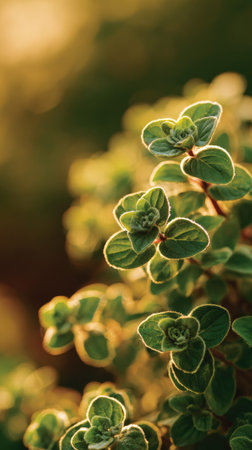 The Marjoram at dawn, soft golden sunlight kissing leaves, clean air, natural color tone.の写真素材
