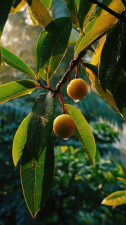 The Mangosteen at dawn, soft golden sunlight kissing leaves, clean air, natural color tone.