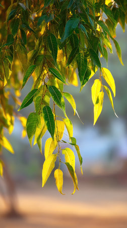 The Neem at dawn, soft golden sunlight kissing leaves, clean air, natural color tone.の写真素材