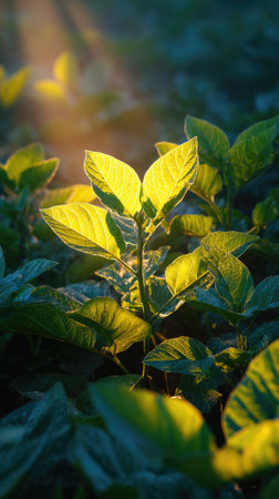 The Jerusalem artichoke at dawn, soft golden sunlight kissing leaves, clean air, natural color tone.の写真素材