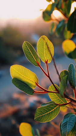 At dawn, soft golden sunlight kisses leaves, clean air, natural color tone.の写真素材