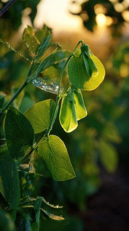 The Pea at dawn, soft golden sunlight kissing leaves, clean air, natural color tone.
