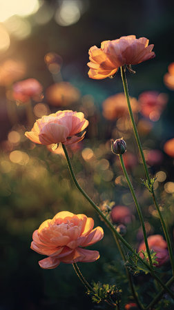 The Ranunculus at dawn, soft golden sunlight kissing leaves, clean air, natural color tone.