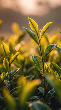 The Rooibos at dawn, soft golden sunlight kissing leaves, clean air, natural color tone.