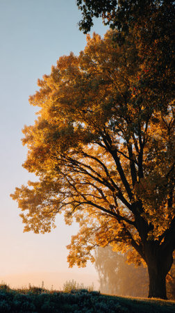 The Norway maple at dawn, soft golden sunlight kissing leaves, clean air, natural color tone.