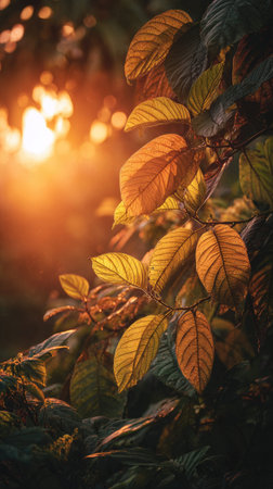 The Abiu at sunset, Golden red sunset light filters through the leaves, still atmosphere, warm...