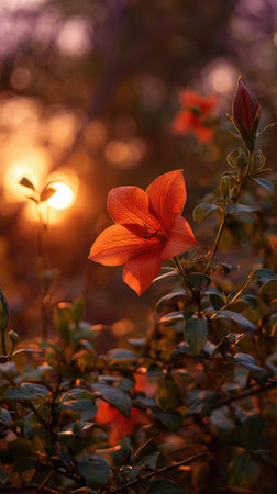 The Balloon flower at sunset, Golden red sunset light filters through the leaves, still atmosphere, warm orange glow blending with natural greenの写真素材