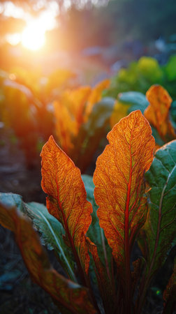 The Chicory at sunset, Golden red sunset light filters through the leaves, still atmosphere, warm orange glow blending with natural greenの写真素材