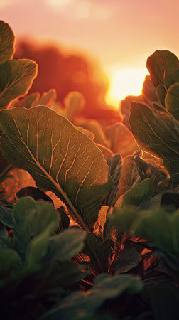 The Collard greens at sunset, Golden red sunset light filters through the leaves, still atmosphere,...
