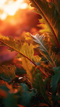 The Cardoon at sunset, Golden red sunset light filters through the leaves, still atmosphere, warm...