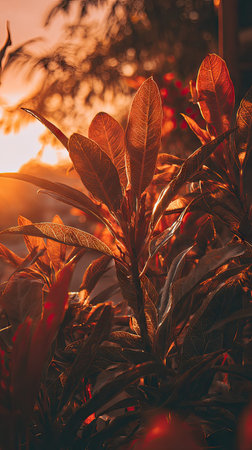 The Culantro at sunset, Golden red sunset light filters through the leaves, still atmosphere, warm orange glow blending with natural greenの写真素材