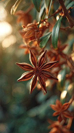 The Star anise at dawn, soft golden sunlight kissing leaves, clean air, natural color tone.の写真素材