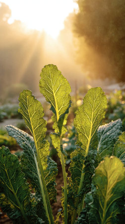 The Tuscan kale at dawn, soft golden sunlight kissing leaves, clean air, natural color tone.