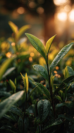 At dawn, soft golden sunlight kissing leaves, clean air, natural color tone.の写真素材