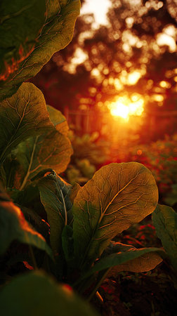 The Choy sum at sunset, Golden red sunset light filters through the leaves, still atmosphere, warm orange glow blending with natural greenの写真素材