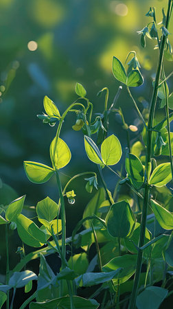 The Snow pea shoots at dawn, soft golden sunlight kissing leaves, clean air, natural color tone.