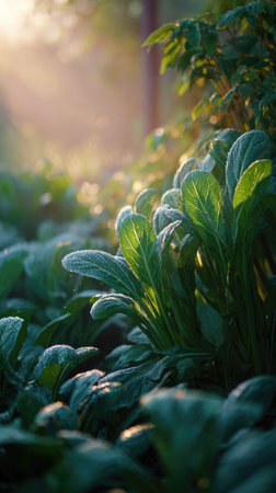 The Tatsoi at dawn, soft golden sunlight kissing leaves, clean air, natural color tone.
