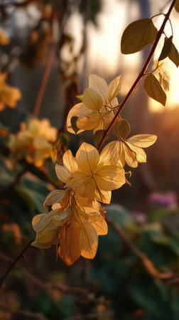 The Streptosolen at dawn, soft golden sunlight kissing leaves, clean air, natural color tone.の写真素材