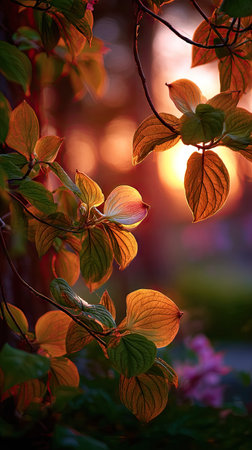 The Dogwood at sunset, Golden red sunset light filters through the leaves, still atmosphere, warm...