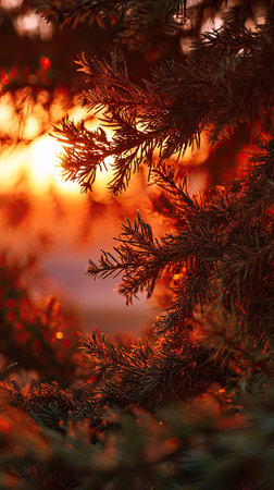 The Fir at sunset, Golden red sunset light filters through the leaves, still atmosphere, warm orange glow blending with natural greenの写真素材