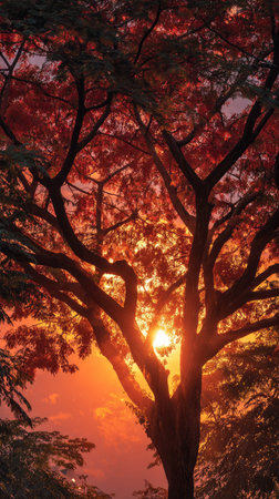 The Flame tree at sunset, Golden red sunset light filters through the leaves, still atmosphere, warm...