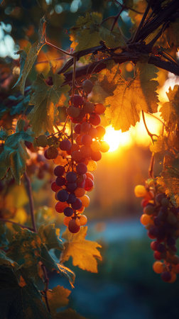 The Grape at sunset, Golden red sunset light filters through the leaves, still atmosphere, warm orange glow blending with natural greenの写真素材
