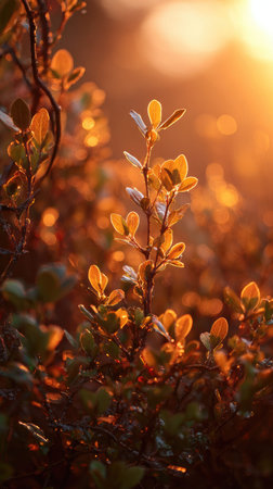 The Heather at sunset, Golden red sunset light filters through the leaves, still atmosphere, warm...