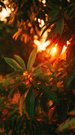 The Mango at sunset, Golden red sunset light filters through the leaves, still atmosphere, warm...