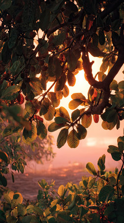 The Guava tree at sunset, Golden red sunset light filters through the leaves, still atmosphere, warm...