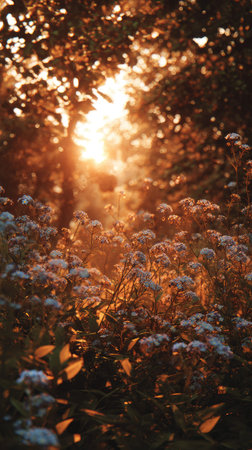 The Forget me not at sunset, Golden red sunset light filters through the leaves, still atmosphere,...