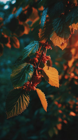 Golden red sunset light filters through the leaves, still atmosphere, warm orange glow blending with...