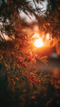 The Grevillea at sunset, Golden red sunset light filters through the leaves, still atmosphere, warm...