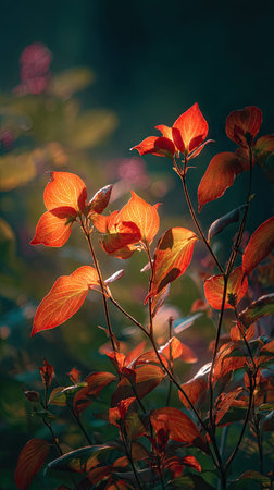 The Kousa dogwood at sunset, Golden red sunset light filters through the leaves, still atmosphere,...