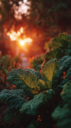 The Kale at sunset, Golden red sunset light filters through the leaves, still atmosphere, warm...
