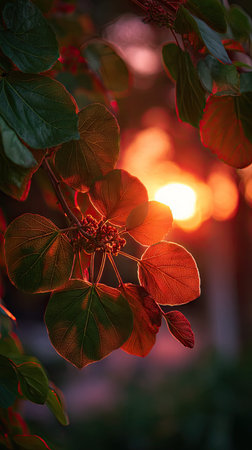 The Mulberry red at sunset, Golden red sunset light filters through the leaves, still atmosphere,...