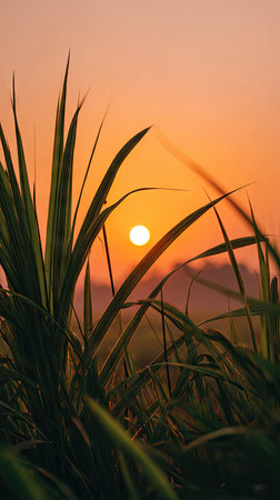 The Lemongrass at sunset, Golden red sunset light filters through the leaves, still atmosphere, warm...