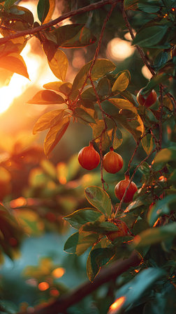 The Miracle fruit at sunset, Golden red sunset light filters through the leaves, still atmosphere,...
