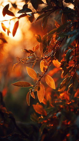 The Orange at sunset, Golden red sunset light filters through the leaves, still atmosphere, warm...
