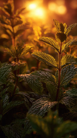 Golden red sunset light filters through the leaves, still atmosphere, warm orange glow blending with...