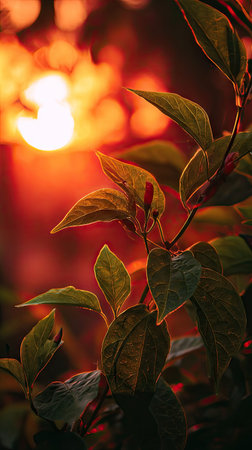 Golden red sunset light filters through the leaves, still atmosphere, warm orange glow blending with...
