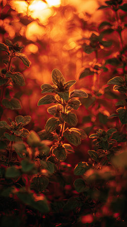 The Oregano at sunset, Golden red sunset light filters through the leaves, still atmosphere, warm...