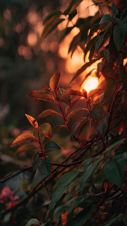 Golden red sunset light filters through the leaves, still atmosphere, warm orange glow blending with natural greenの写真素材