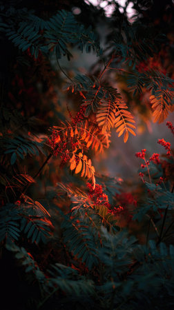The Neem at sunset, Golden red sunset light filters through the leaves, still atmosphere, warm...