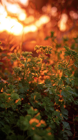 The Mustard cress at sunset, Golden red sunset light filters through the leaves, still atmosphere,...