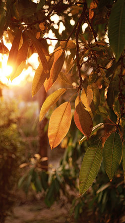 The Nutmeg at sunset, Golden red sunset light filters through the leaves, still atmosphere, warm...