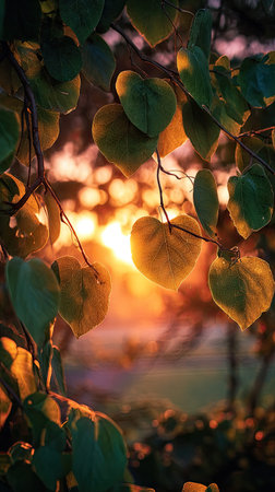 The Paulownia at sunset, Golden red sunset light filters through the leaves, still atmosphere, warm orange glow blending with natural greenの写真素材