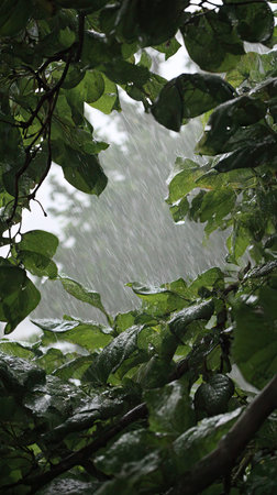 Catalpa in a storm, heavy rain pouring down, strong winds twisting their leaves, natural.