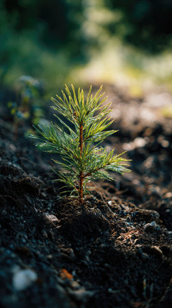 Eastern white pine with small fresh leaves, growing upright in fertile soil, sunlight filtering...