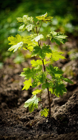 Sugar maple with small fresh leaves, growing upright in fertile soil, sunlight filtering gently,...