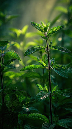 The Salvia in spring, fresh green leaves, soft sunlight filtering, vibrant atmosphere full of...